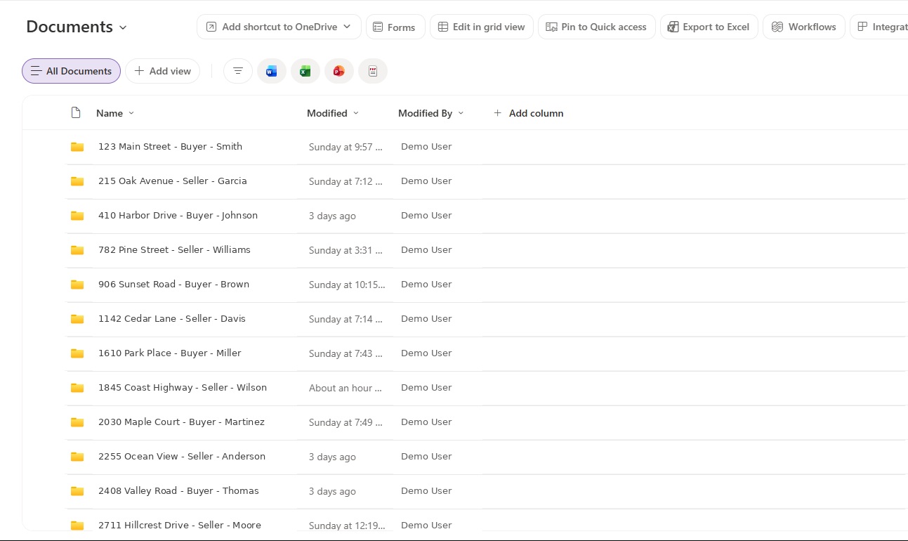Example SharePoint Documents library with transaction folders organized by property address, side, and client name
